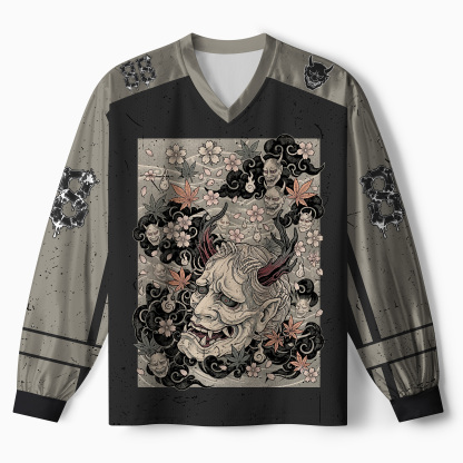 Tokyo-Tiger Oni Cherry Blossom Skull Paneled Long Sleeve Jersey