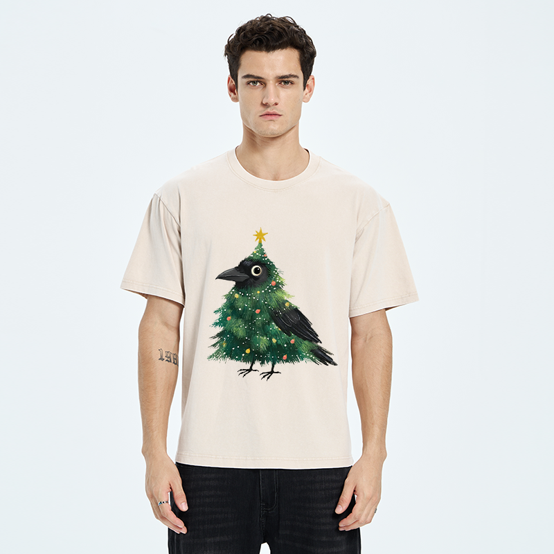Tokyo-Tiger Cute Christmas Tree Crow Washed T-Shirt