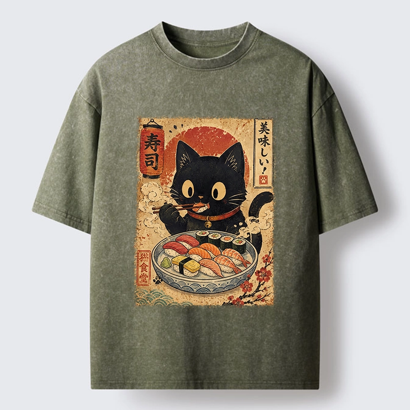 Tokyo‑Tiger Japanese Food Cat Washed T‑Shirt