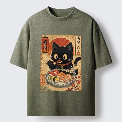 Tokyo‑Tiger Japanese Food Cat Washed T‑Shirt