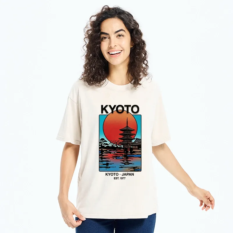 Tokyo-Tiger Japanese Temple Sunset Art Washed T-Shirt