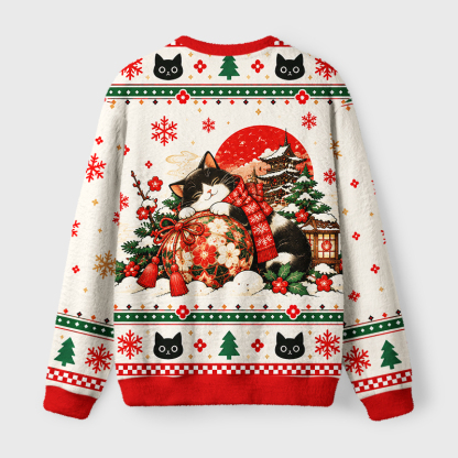 Tokyo-Tiger Japanese Temple Christmas Cat Fuzzy Christmas Ugly Sweatshirt