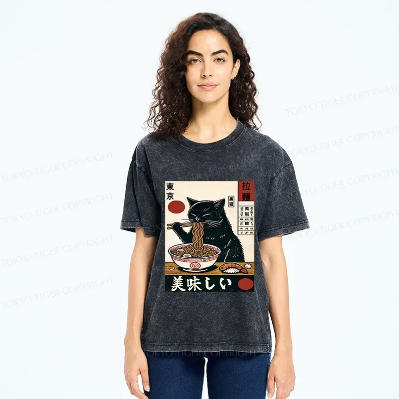 Tokyo-Tiger Black Cat Eating Japanese Ramen Washed T-Shirt