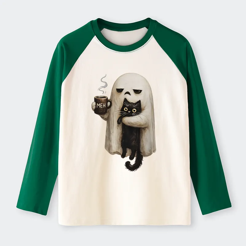 Tokyo-Tiger Ghost Cat Coffee Mood Raglan Long Sleeve T-shirt
