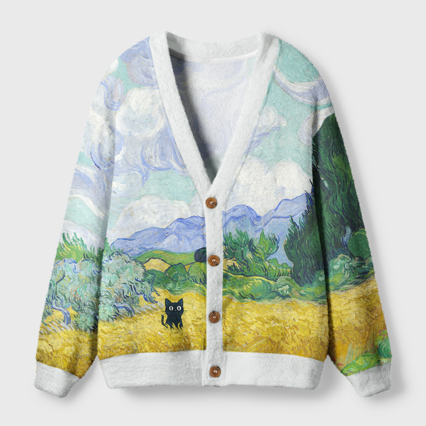 Tokyo-Tiger Black Cat In The Wheat Field Ugly Cardigan Sweater