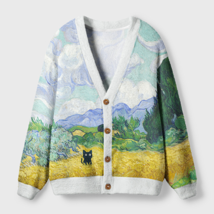 Tokyo-Tiger Black Cat In The Wheat Field Ugly Cardigan Sweater