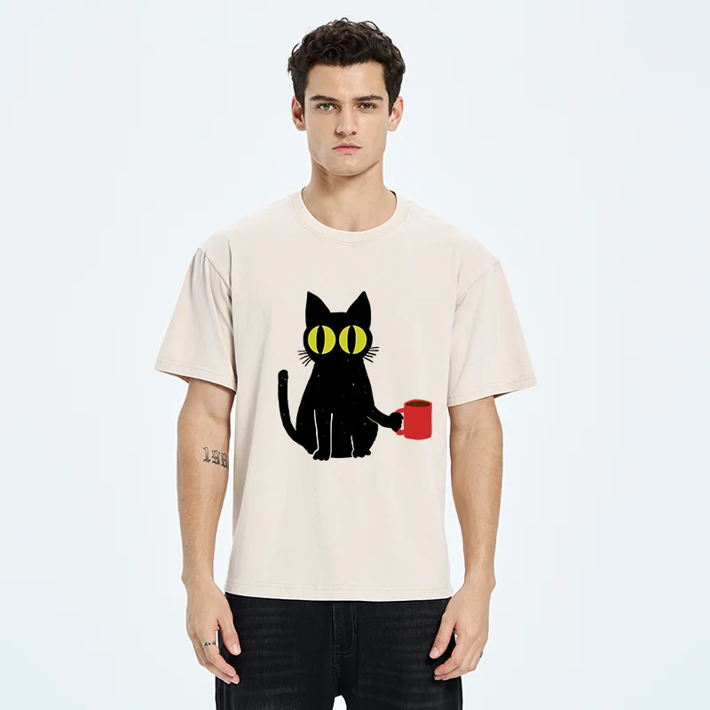 Tokyo-Tiger Cat Holding Coffee Washed T-Shirt