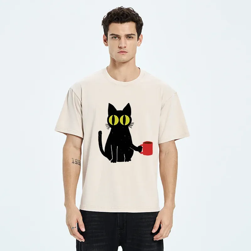 Tokyo-Tiger Cat Holding Coffee Washed T-Shirt