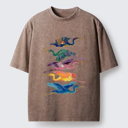 Tokyo‑Tiger Colorful Flying Cranes Washed T‑Shirt