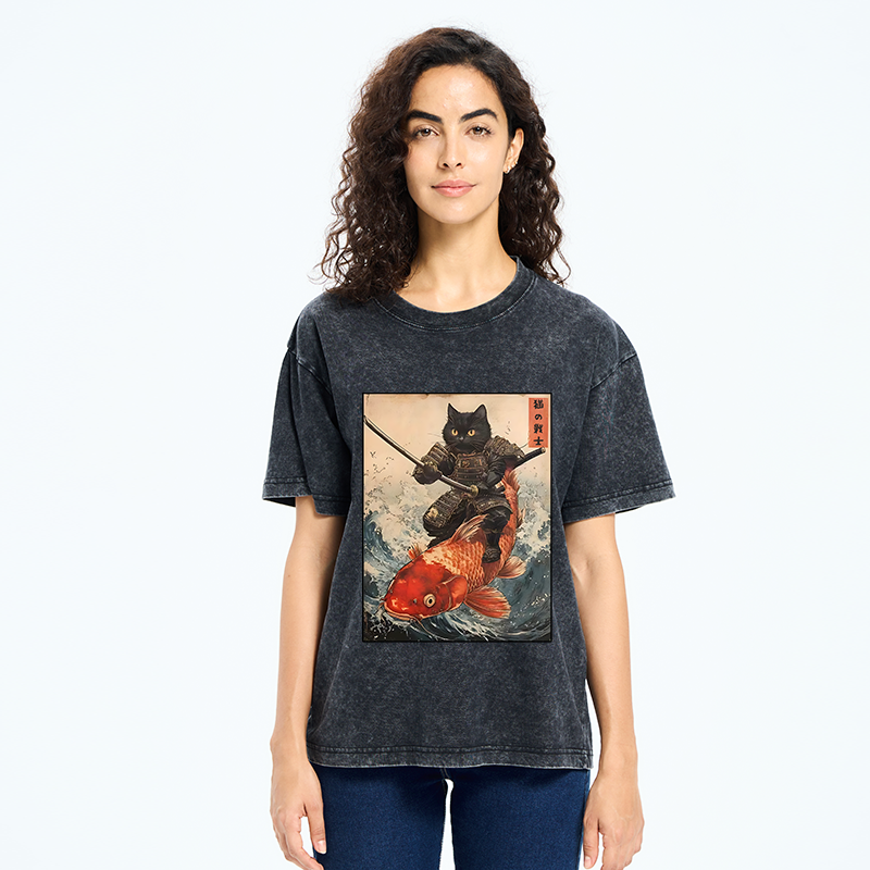 Tokyo-Tiger Cat Samurai Rides Koi Carp Washed T-Shirt