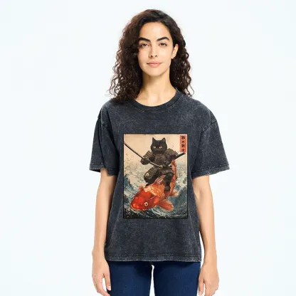 Tokyo-Tiger Cat Samurai Rides Koi Carp Washed T-Shirt