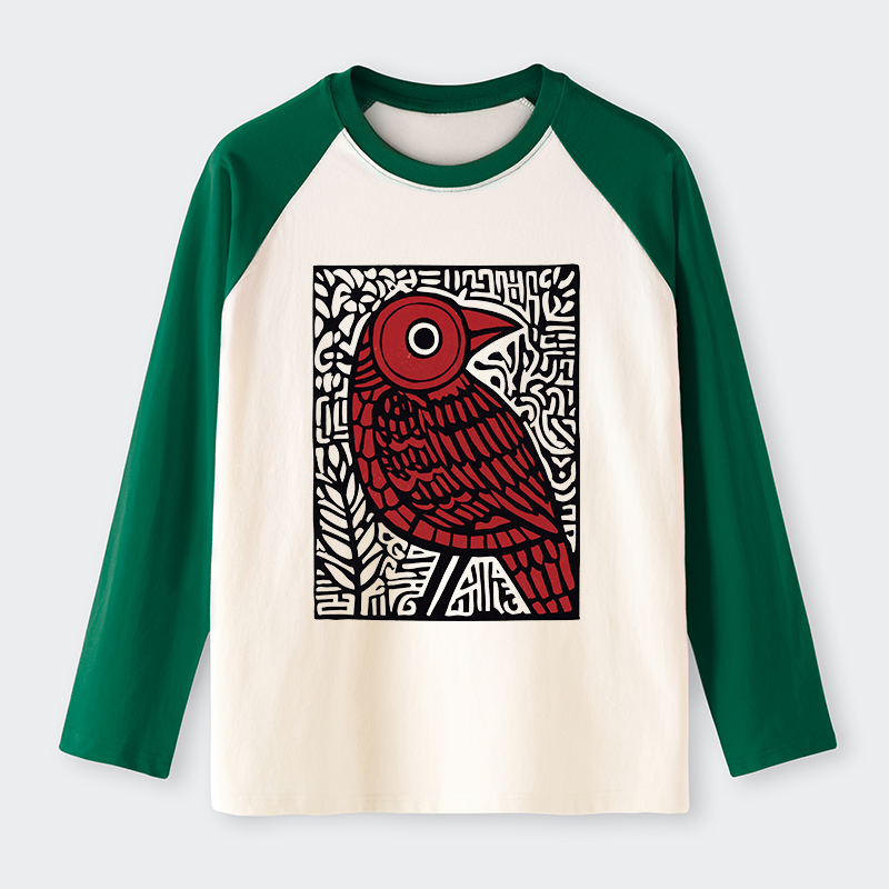Tokyo-Tiger Retro Woodblock Bird Raglan Long Sleeve T-shirt