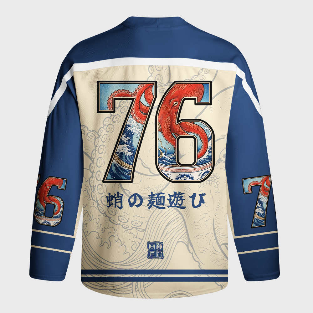 Tokyo-Tiger Octopus Ramen Kanagawa Waves Long-Sleeve Hockey Jersey