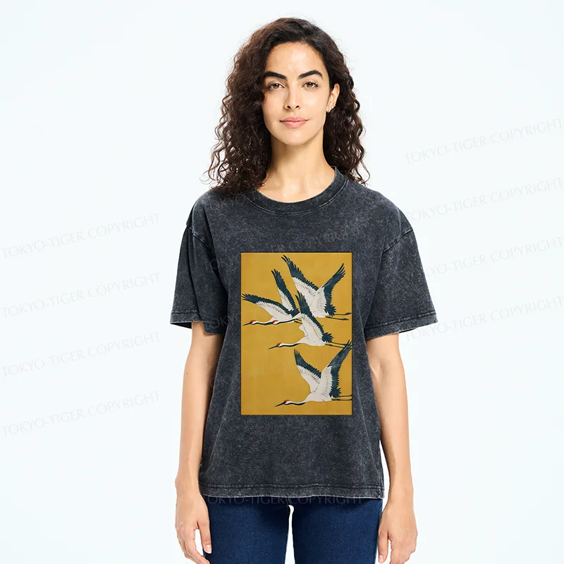 Tokyo-Tiger Vintage Cranes Painting Washed T-Shirt