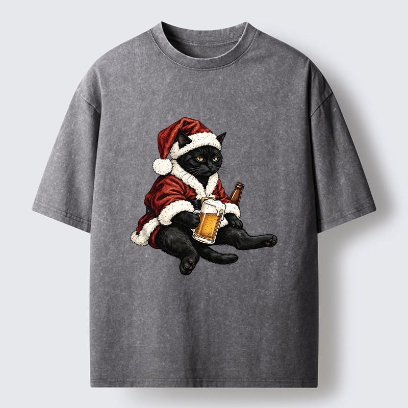 Tokyo-Tiger Chill Santa Black Cat Beer Time Washed T-Shirt