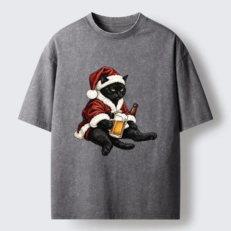 Tokyo-Tiger Chill Santa Black Cat Beer Time Washed T-Shirt