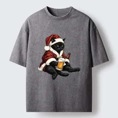 Tokyo-Tiger Chill Santa Black Cat Beer Time Washed T-Shirt