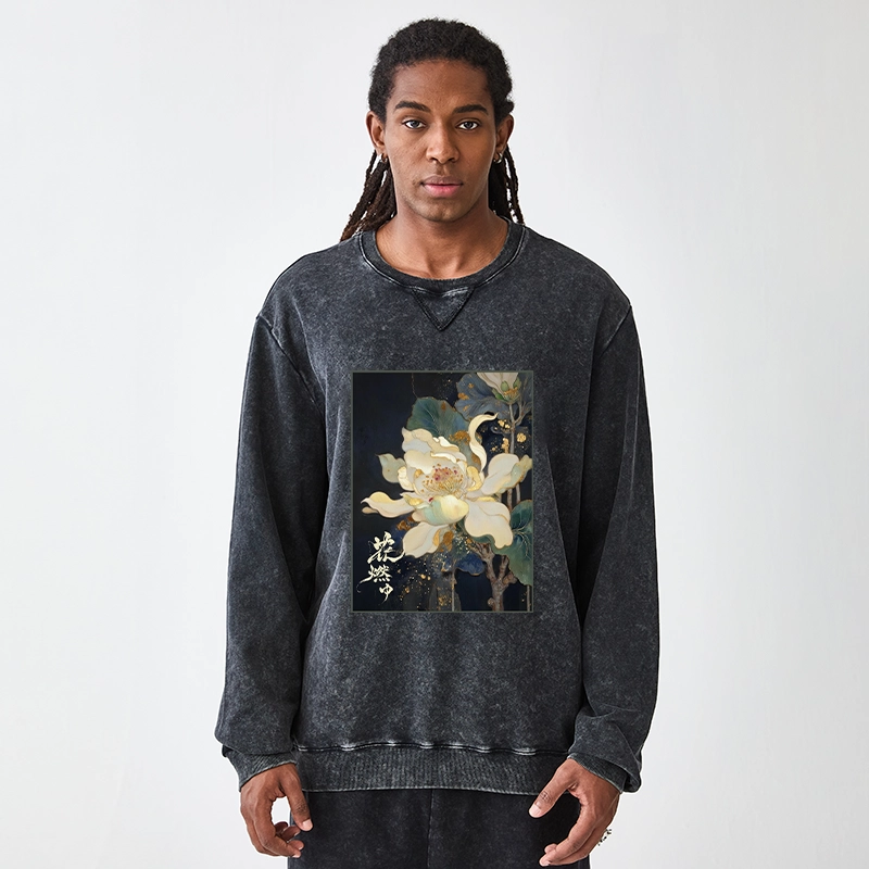 Tokyo-Tiger Lotus Adorned With Golden Specks Washed Terry Sweatshirt
