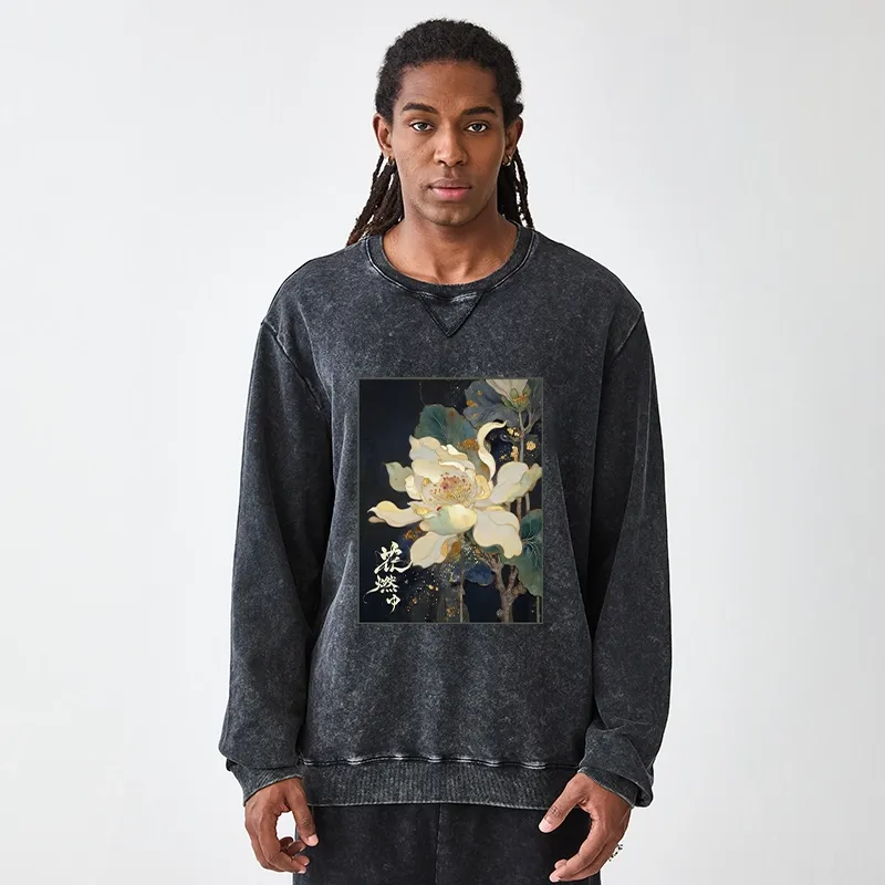 Tokyo-Tiger Lotus Adorned With Golden Specks Washed Terry Sweatshirt