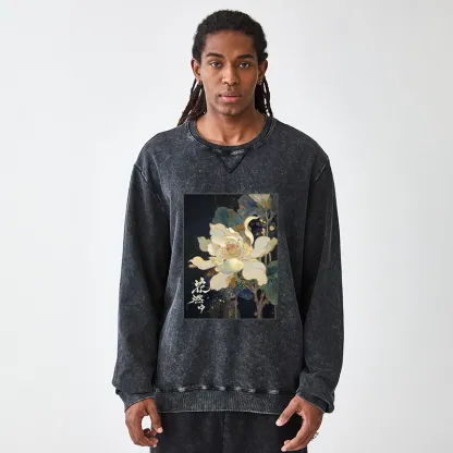 Tokyo-Tiger Lotus Adorned With Golden Specks Washed Terry Sweatshirt