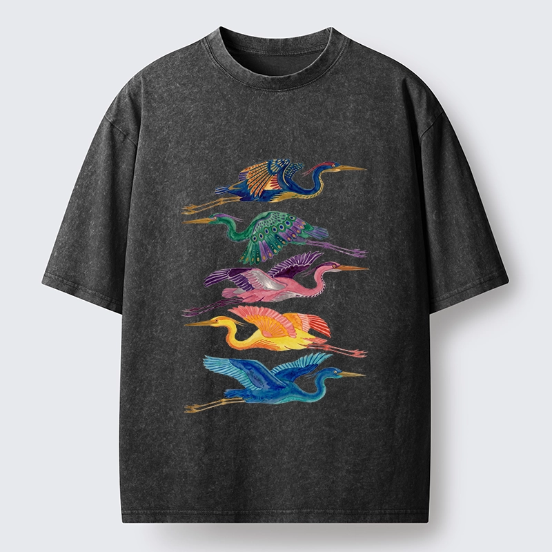 Tokyo‑Tiger Colorful Flying Cranes Washed T‑Shirt