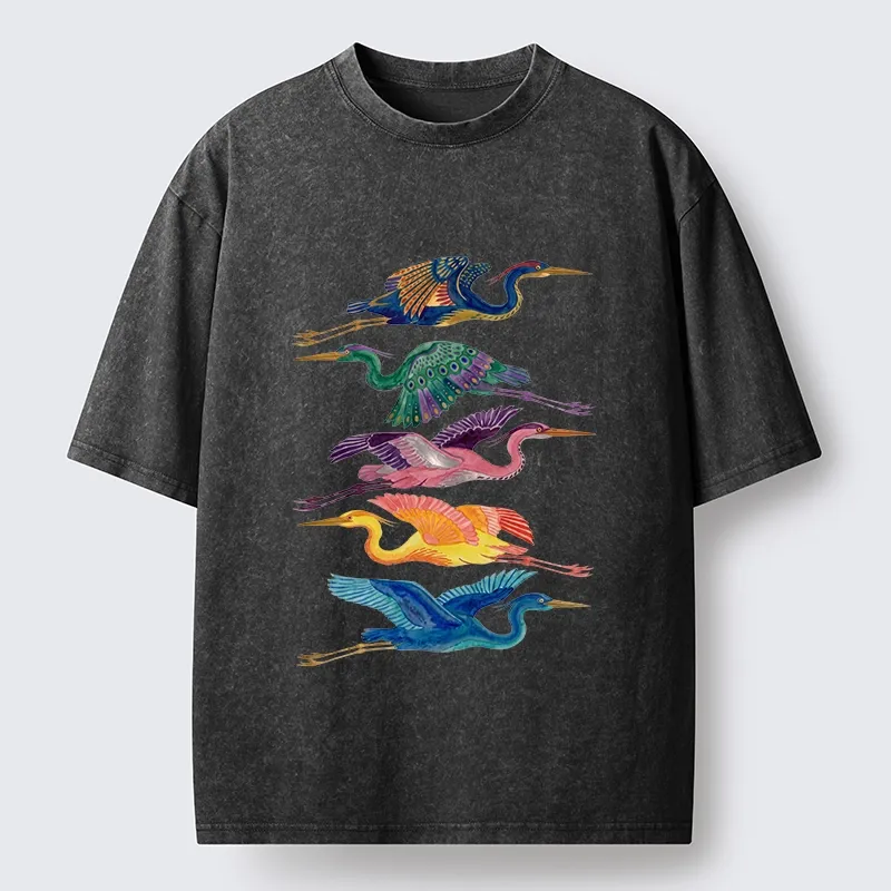 Tokyo‑Tiger Colorful Flying Cranes Washed T‑Shirt