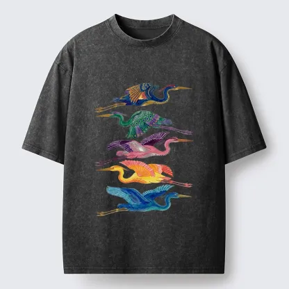 Tokyo‑Tiger Colorful Flying Cranes Washed T‑Shirt