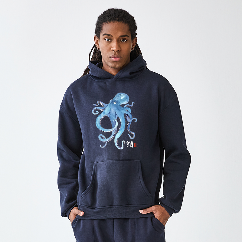 Tokyo-Tiger Watercolor Blue Octopus Adult Fleece Hoodie