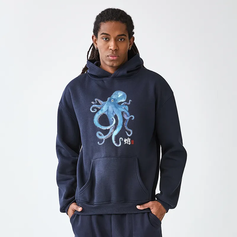 Tokyo-Tiger Watercolor Blue Octopus Adult Fleece Hoodie