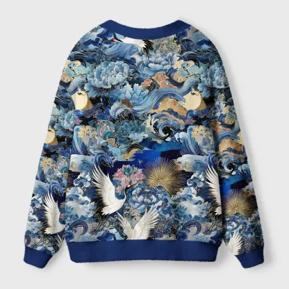 Tokyo-Tiger Ukiyo Cranes of the Great Ugly Cardigan Sweater