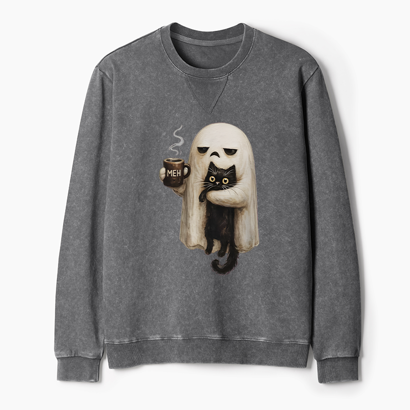 Tokyo-Tiger Ghost Cat Coffee Mood Washed Terry Sweatshirt