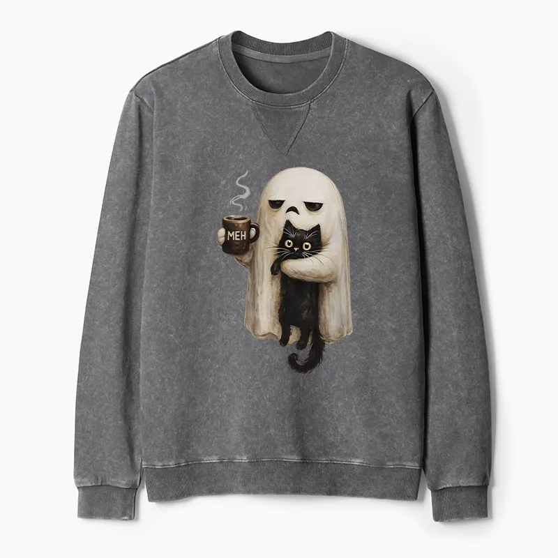 Tokyo-Tiger Ghost Cat Coffee Mood Washed Terry Sweatshirt