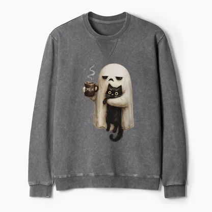Tokyo-Tiger Ghost Cat Coffee Mood Washed Terry Sweatshirt
