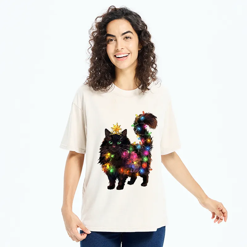 Tokyo-Tiger Christmas Black Cat With Star Crown Washed T-Shirt