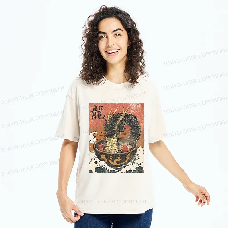Tokyo-Tiger Dragon Eating Delicious Ramen Washed T-Shirt