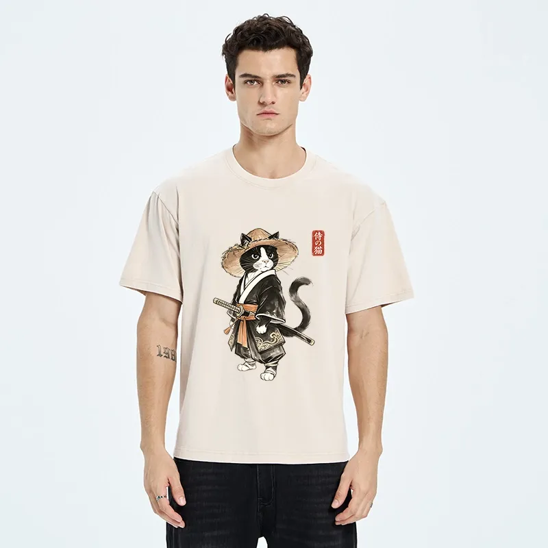 Tokyo‑Tiger Funny Samurai Cute Cat Washed T‑Shirt