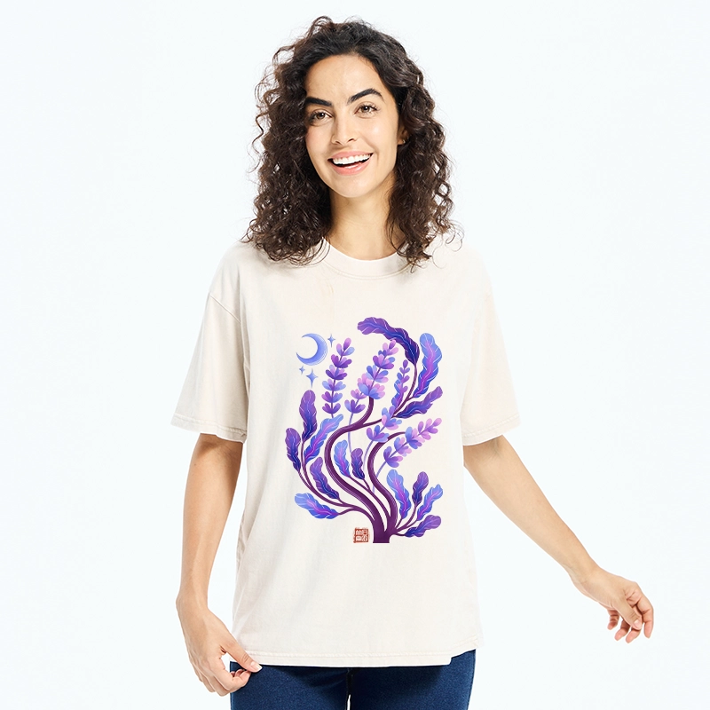 Tokyo-Tiger Peaceful Purple Floral Night Art Washed T-Shirt