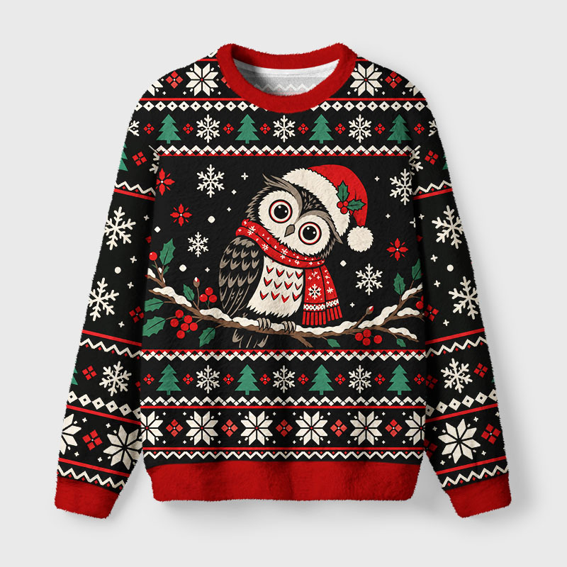 Tokyo-Tiger Winter Cute Santa Owl Fuzzy Christmas Ugly Sweatshirt