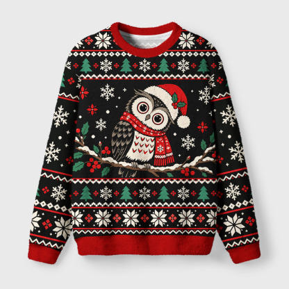 Tokyo-Tiger Winter Cute Santa Owl Fuzzy Christmas Ugly Sweatshirt