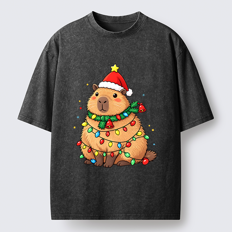 Tokyo-Tiger Chill Capybara In Christmas Outfit Washed T-Shirt