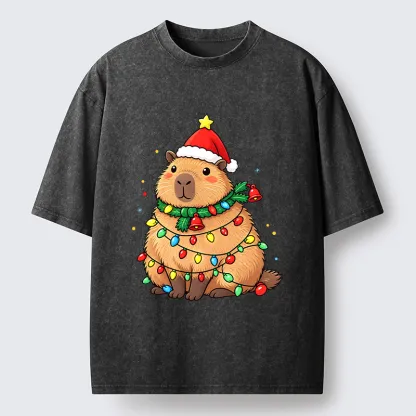 Tokyo-Tiger Chill Capybara In Christmas Outfit Washed T-Shirt
