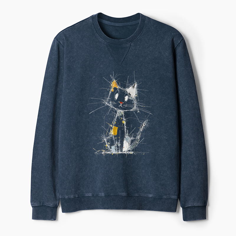 Tokyo-Tiger Minimal Splash Ink Cute Cat Washed Terry Sweatshirt