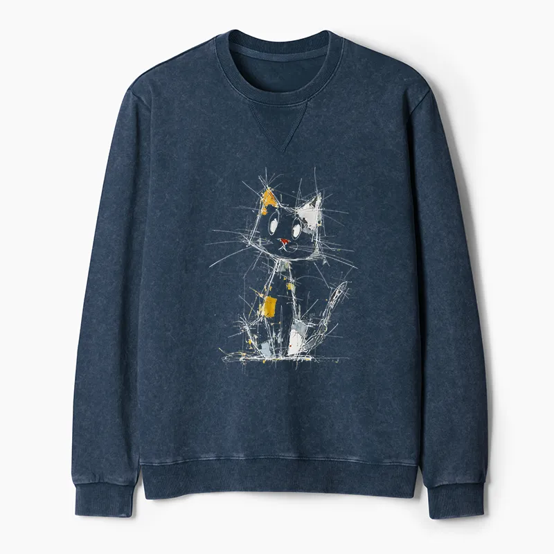 Tokyo-Tiger Minimal Splash Ink Cute Cat Washed Terry Sweatshirt