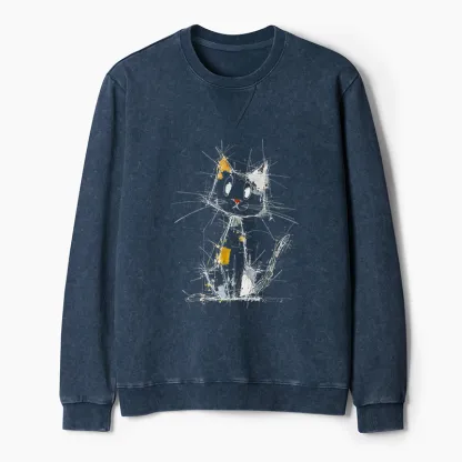 Tokyo-Tiger Minimal Splash Ink Cute Cat Washed Terry Sweatshirt