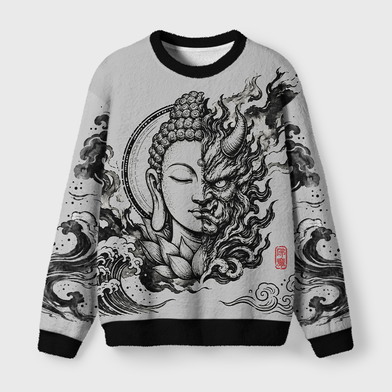 Tokyo-Tiger Buddha Demon Dual Nature Ink Art Fuzzy Christmas Ugly Sweatshirt