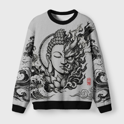 Tokyo-Tiger Buddha Demon Dual Nature Ink Art Fuzzy Christmas Ugly Sweatshirt