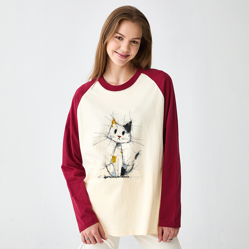Tokyo-Tiger Minimal Splash Ink Cute Cat Raglan Long Sleeve T-shirt