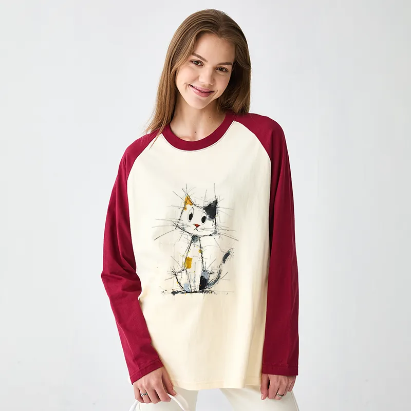 Tokyo-Tiger Minimal Splash Ink Cute Cat Raglan Long Sleeve T-shirt