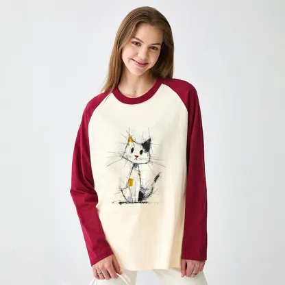 Tokyo-Tiger Minimal Splash Ink Cute Cat Raglan Long Sleeve T-shirt
