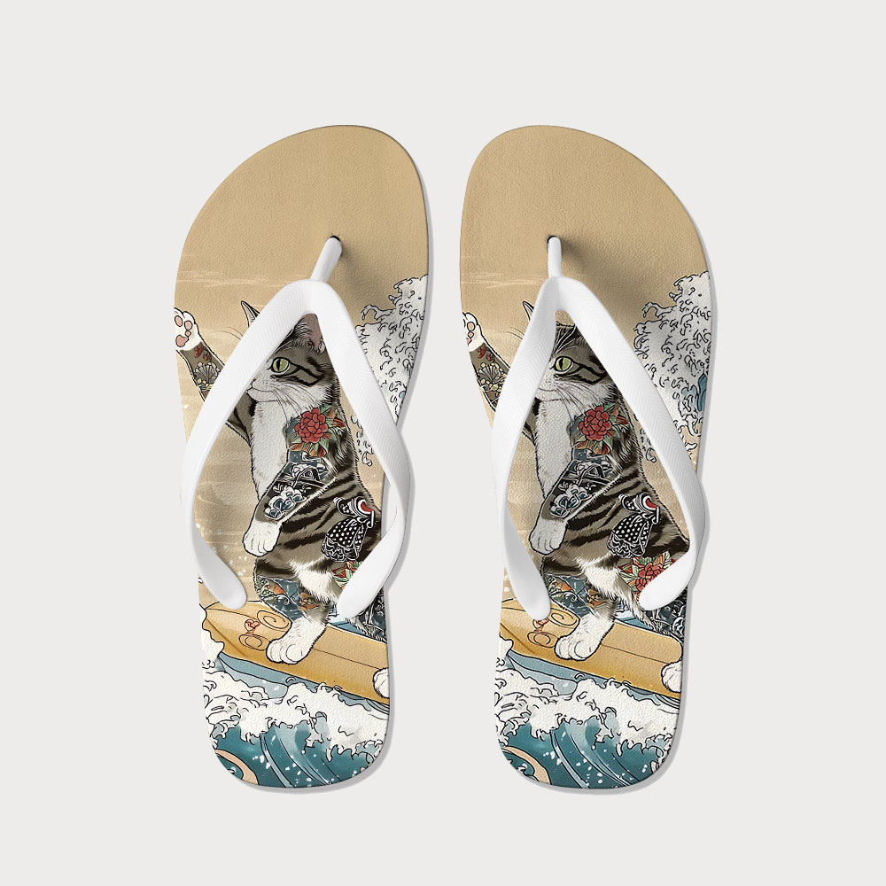 Tokyo-Tiger Cat Surfing Flip Flops